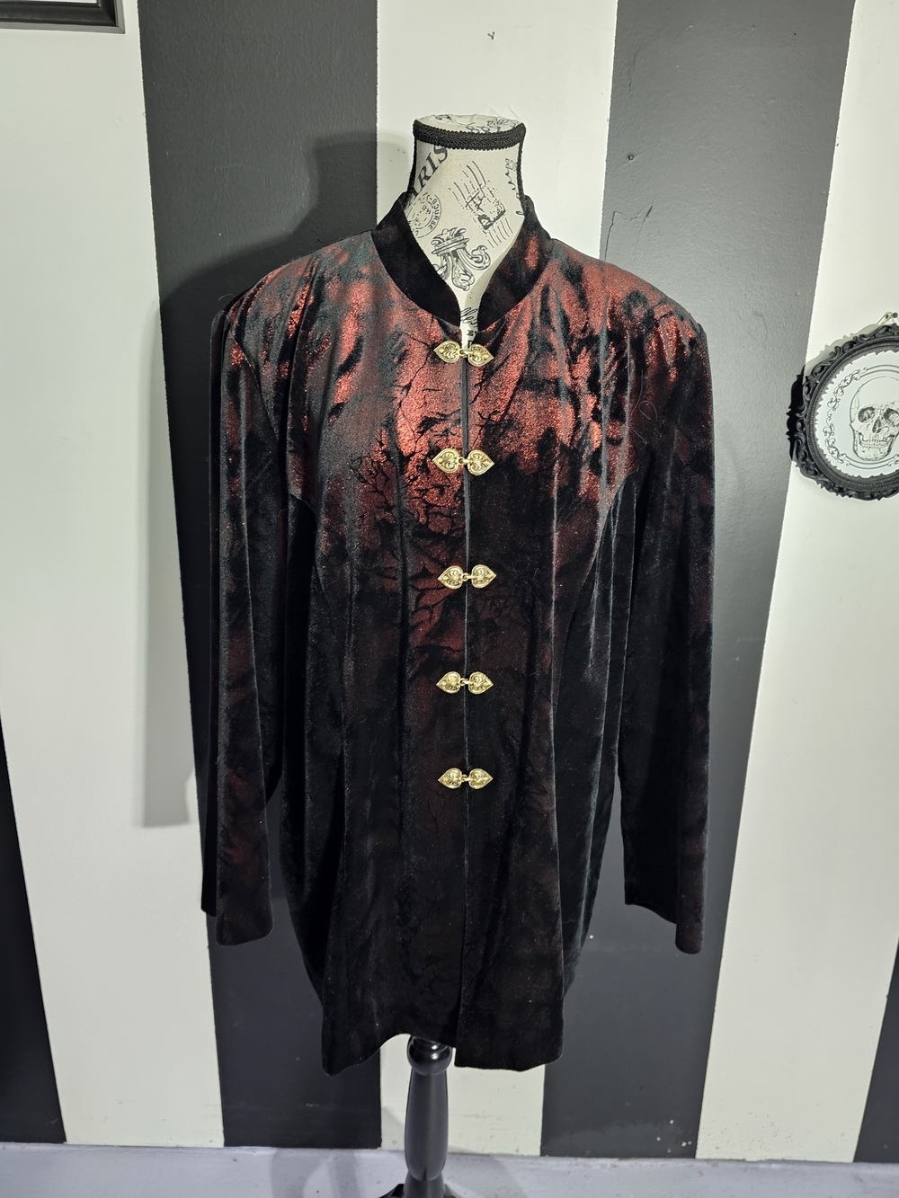 Vintage Black and Burgundy Velvet Mandarin Jacket with Gold Buttons